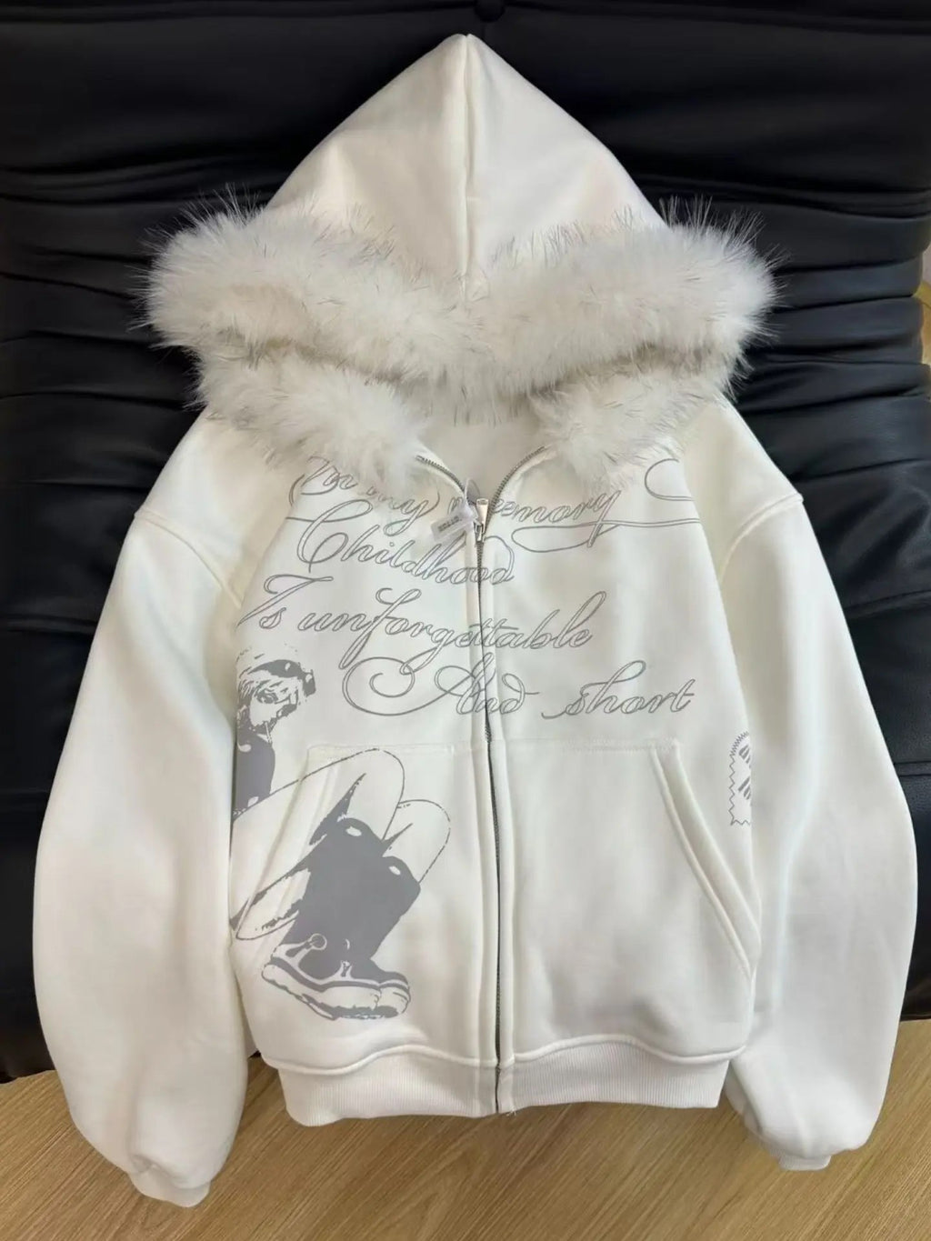 Y2K Graphic faux fur hoodie